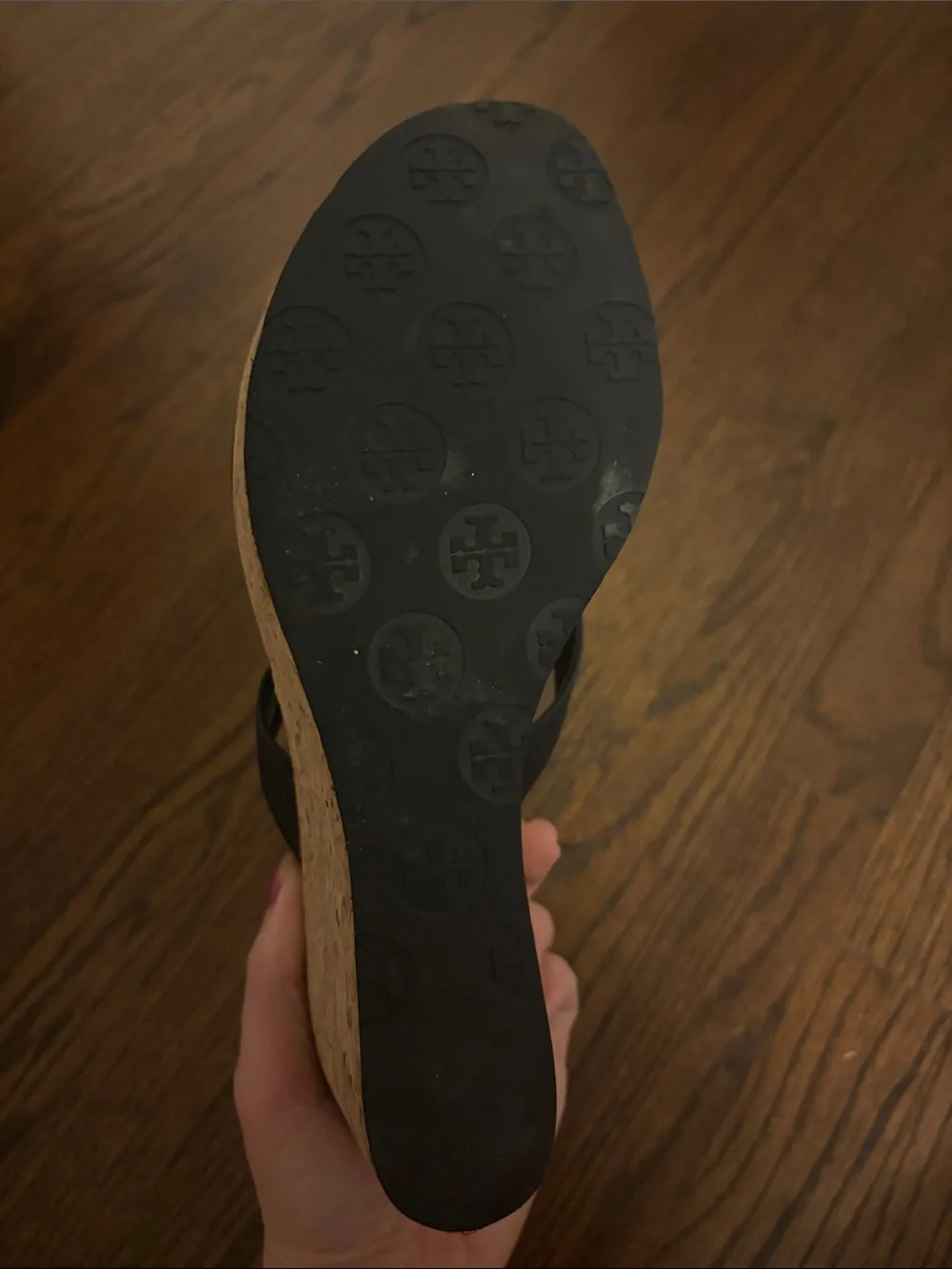 Tory Burch Black Wedge Thong Sandals with Gold Logo